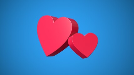 Obraz na płótnie Canvas Red hearts on a blue background. Abstract heart. Love symbol. Romantic background for Valentines day. Isolated on a blue background. Festive decoration element. 3d render illustration