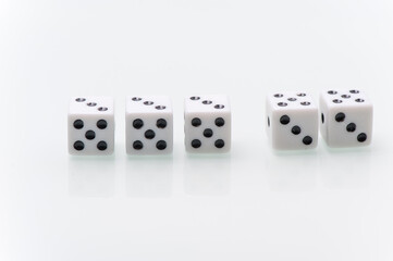 5 White Dice On White Background , Closeup