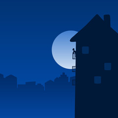 man stay at home standing on balcony in the night with big moon illustration vector
