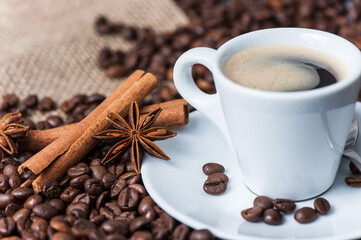 Coffee Cup Surrounded By Coffee Beans Decorated