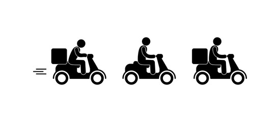 motorcyclist icons set, courier delivers parcel, isolated pictograms stick figure man rides