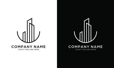 Simple modern building architecture logo design with line art vector template on a black and white background.