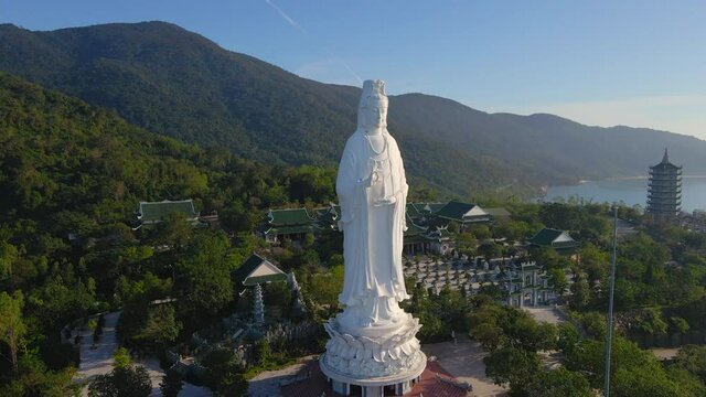 Aerial shot of the so-called Lady Buddha in the city of Danang. Tourist destination in central Vietnam. Travel to Vietnam concept