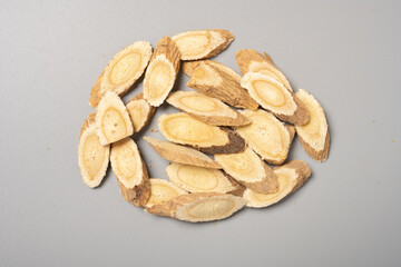 top view herb HuangQi or Astragali Radix or Mongolian Milkvetch Root Membranous Milkvetch