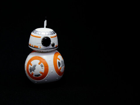 Sphero BB-8 Star Wars droid. Robot. Episode VII - The Force Awakens. Funko pop. Isolated black. BB 8
