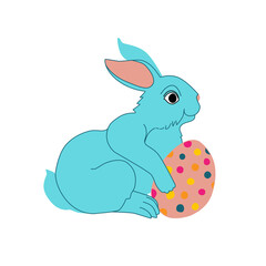 Cute Easter blue rabbit with Easter egg isolated on white background. Graphic design for decoration, greeting cards and posters. Vector illustration.
