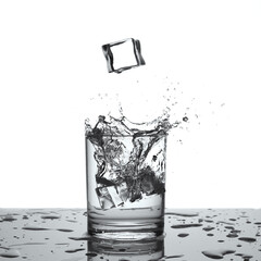 Glass with water or alcohol with splashes from falling ice cubes isolated on white background