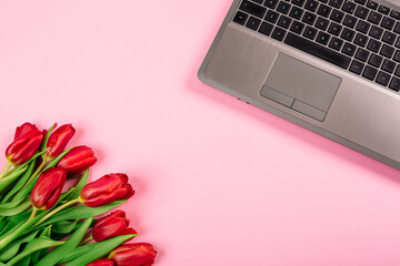 Laptop and a lush bouquet of red tulips on a pink background with copy space, empty text place....