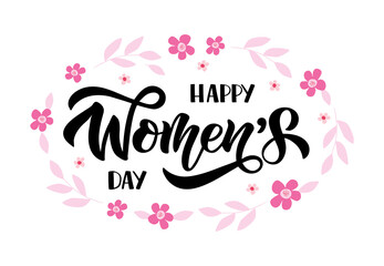 International Woman's Day greeting card. Happy Woman's Day hand drawn vector brush lettering. Celebration text for advertising, invitation, banner, poster, greeting card, flyer.