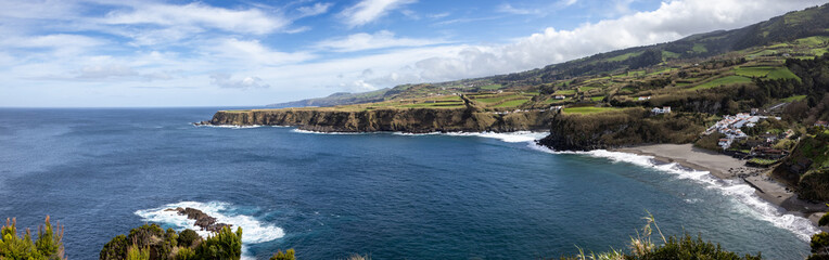 Panorama view over Porto Formoso bay, Sao Miguel island, volcanic beach, Azores.