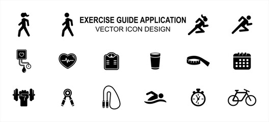 Simple Set of exercise sport tracker trainer Vector icon user interface graphic design. Contains such Icons as blood pressure monitor, heart beat, running, walking, scheduling, swimming, bicycling