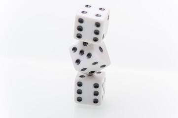 Tower Of 3 White Dice On White Background, Close Up