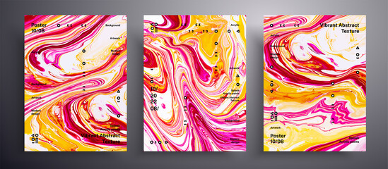 Abstract vector placard, set of modern design fluid art covers. Trendy background that can be used for design cover, invitation, presentation and etc. Pink, yellow and red creative iridescent artwork