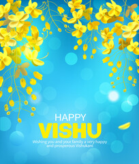 Greeting background with konna flowers (cassia fistula) for South Indian New Year festival Vishu (Vishukani). Vector illustration.