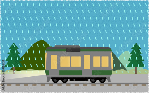 豪雨の中 ライトを点けて山沿いを走る電車のベクターイラスト Wall Mural Icim