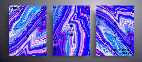 Abstract vector poster, texture pack of fluid art covers. Beautiful background that applicable for design cover, poster, brochure and etc. Blue, lilac and white unusual creative surface template