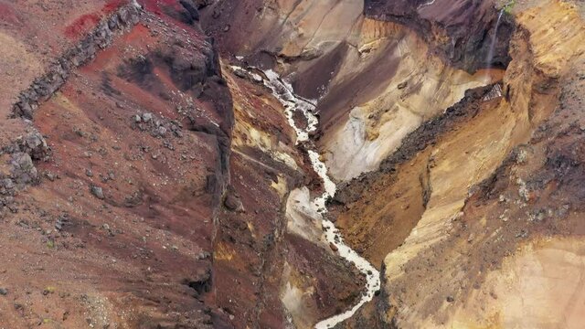 Aerial tilt view on colorful Dangerous Canyon (Opasniy Canyon) near the Mutnovsky volcano on the Kamchatka Peninsula, Russia, 4k