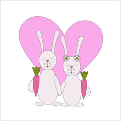 Rabbits enamored characters vector. Couple of rabbits with carrots on the background of the heart 