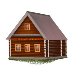 cartoon of a rustic log house with the grass in front of him