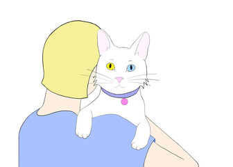 Illustration hand drawn drawing of a white cat with heterochromia in the arms of a blonde person facing away from viewer. Cat, wearing collar with ID tag, looking over shoulder at viewer.