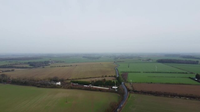 Drone footage over a quiet country road in Kent, England.  The Adisham Road near Aylesham.