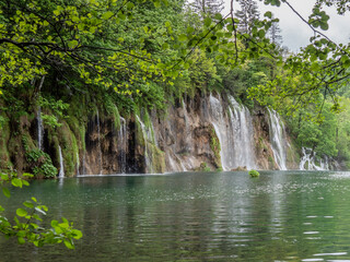 Fototapeta na wymiar a waterfall framed by a tree at plitvice lakes national park
