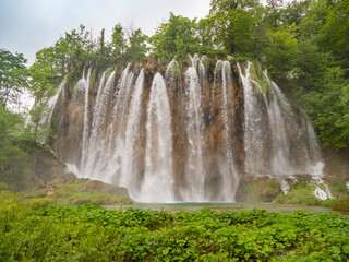 spring high flow on veliki prstavac waterfall at plitvice national park