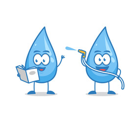 Reading book and spraying water water drop humanized cartoon character vector illustration mascot for world water day
