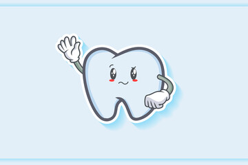 REALLY, ATTENTIVE, CONFUSED Face Emotion. Waving Hand Gesture. Tooth Cartoon Drawing Mascot Illustration.