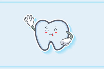 YUM, TONGUE, CHEERFUL Face Emotion. Waving Hand Gesture. Tooth Cartoon Drawing Mascot Illustration.