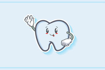 DUMB, FUNNY, TONGUE, CHEERFUL Face Emotion. Waving Hand Gesture. Tooth Cartoon Drawing Mascot Illustration.