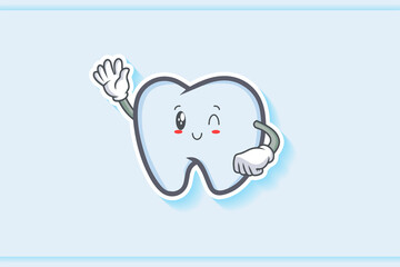 WINK, SMILING, CHEERFUL, SMILE Face Emotion. Waving Hand Gesture. Tooth Cartoon Drawing Mascot Illustration.