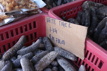 Dried white tiger sea cucumber used for food. Kota Kinabalu market.Sea cucumber used as folk medicine. Processed into this oil substance in one of the many gamat factories in Langkawi