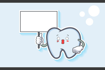 SPACED OUT, SURPRISED, SHOCKED Face Emotion. Holding Whiteboard Gesture. Tooth Cartoon Drawing Mascot Illustration.