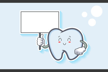 SMILING, HAPPY, RELIEVED, SMILE Face Emotion. Holding Whiteboard Gesture. Tooth Cartoon Drawing Mascot Illustration.