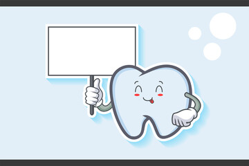 YUM, TONGUE, CHEERFUL Face Emotion. Holding Whiteboard Gesture. Tooth Cartoon Drawing Mascot Illustration.