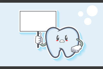 ANGRY, MAD, BAD MOOD Face Emotion. Holding Whiteboard Gesture. Tooth Cartoon Drawing Mascot Illustration.