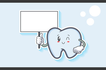 WINK, SMILING, CHEERFUL, SMILE Face Emotion. Holding Whiteboard Gesture. Tooth Cartoon Drawing Mascot Illustration.