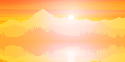 Fototapeta na wymiar Picturesque reflection of mountains in the lake, the sun rises. Fantasy on a morning landscape.