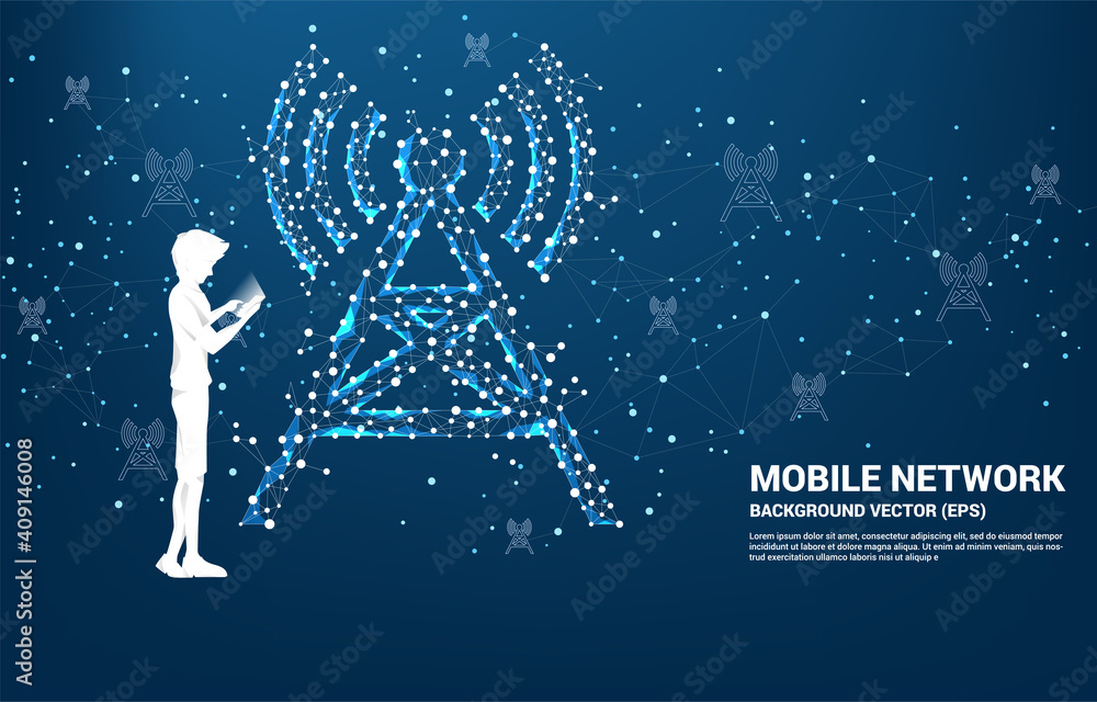 Poster Silhouette of man use mobile phone Antenna Tower icon polygon style from dot and line connection. Concept of telecommunication mobile and data technology