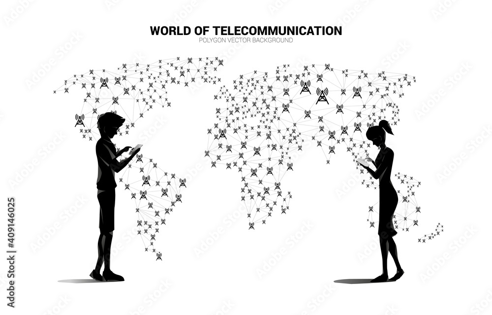 Poster vector man and woman use mobile phone and polygon dot connect line with antenna tower icon around wo