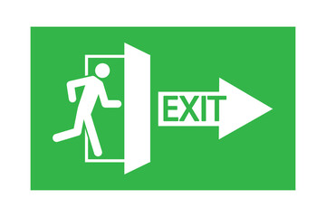 A man running at the door. Arrow labeled EXIT. Green evacuation sign. A pointer to escape. Stock image. EPS 10.
