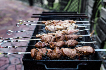 Shish kebab of elite veal skewered on a grill close-up outdoors