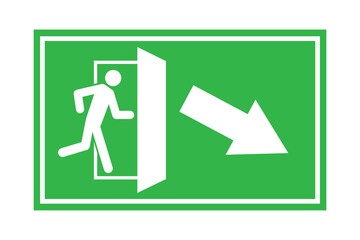 Fire exit down and to the right. A man running at the door. Green evacuation sign. Stock image. EPS 10.