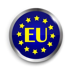 EU button with silver trim. Round button with the emblem of the European Union. Stock image. EPS 10.