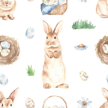 Watercolor seamless pattern with cute easter bunnies, basket of eggs, nest with eggs, grass, flowers on a white background