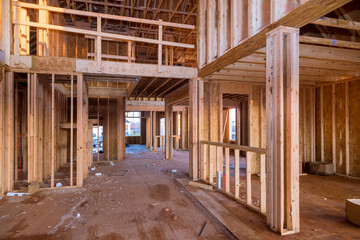 Fototapeta na wymiar Interior with wood framing beam of new house under construction beam wood