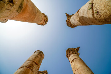 Low angle of pillars column in old city Jerash, Jordan - old ancient city architecture