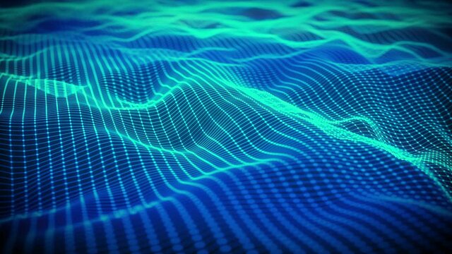 Abstract waving mesh of digital technology background, data center, cloud computing, blockchain, data server, motion of digital data flow 3d render particle.