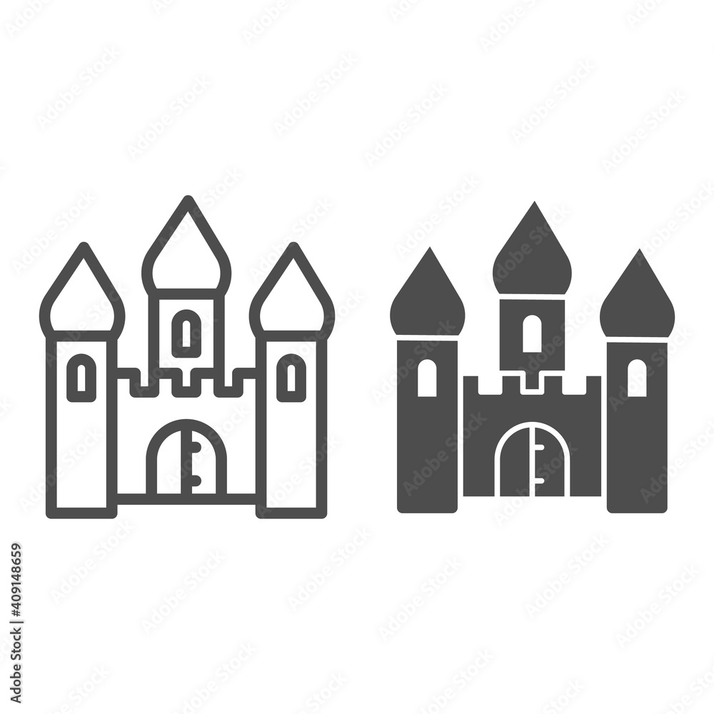 Poster medieval castle line and solid icon, fairytale concept, tower ancient building sign on white backgro